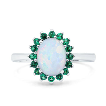 Oval Art Deco Wedding Ring Simulated Green Emerald Lab Created White Opal 925 Sterling Silver